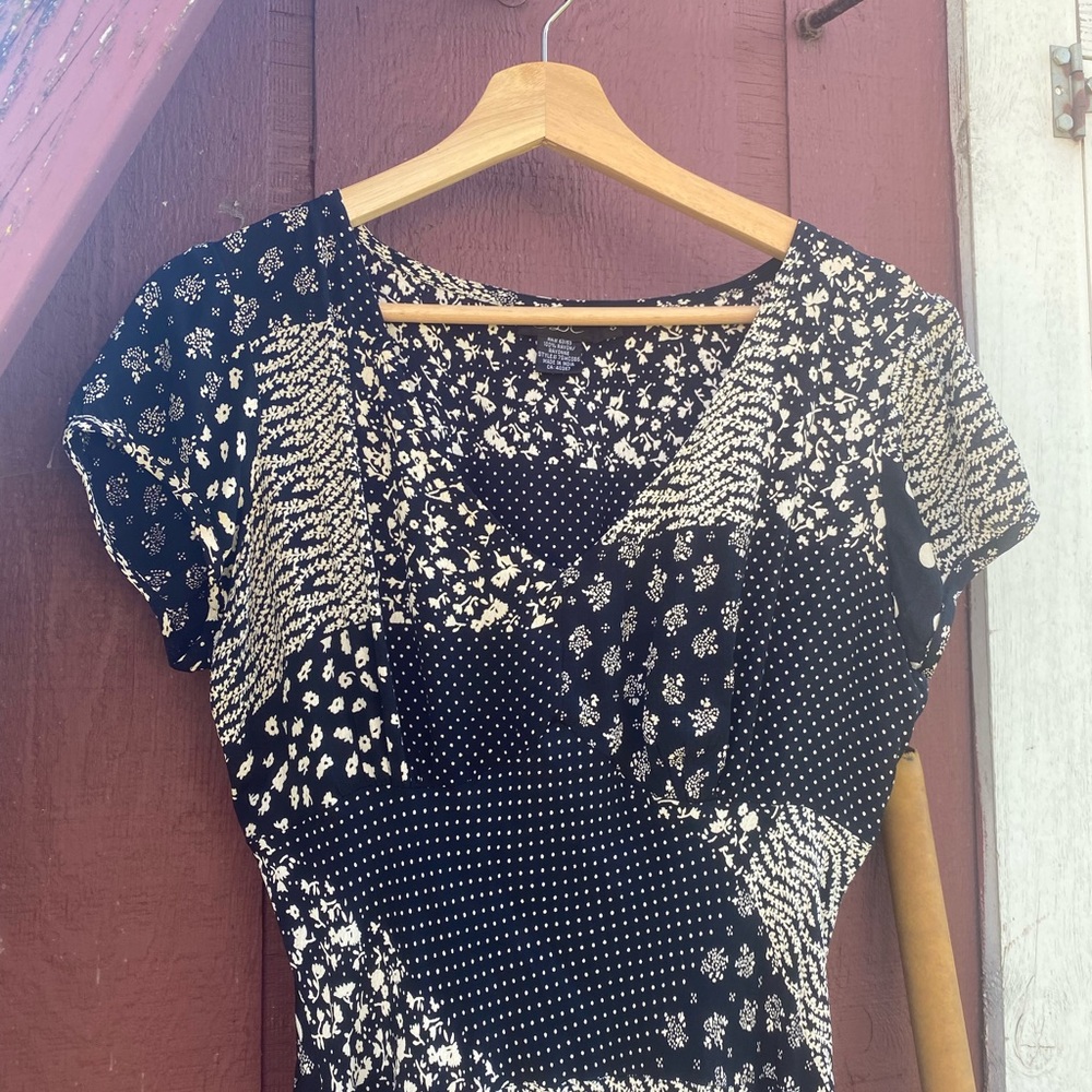 90s patchwork floral polka dot rayon dress. Size medium.